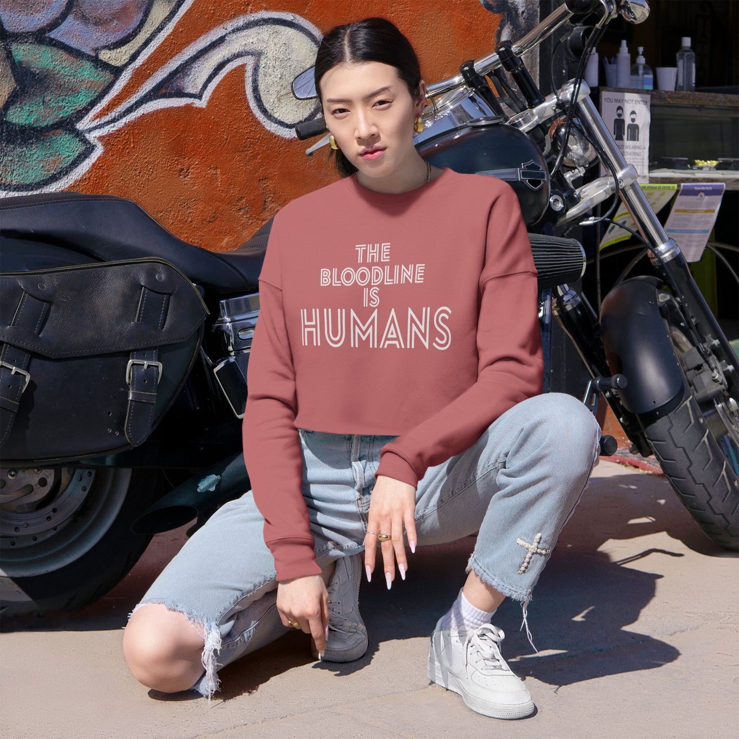 HUMANS APPAREL - Women's Cropped Sweatshirt - "The Bloodline is Humans" Statement Top, Trendy Athleisure, Gift for Her, Casual Fashion, Birthday Gift.