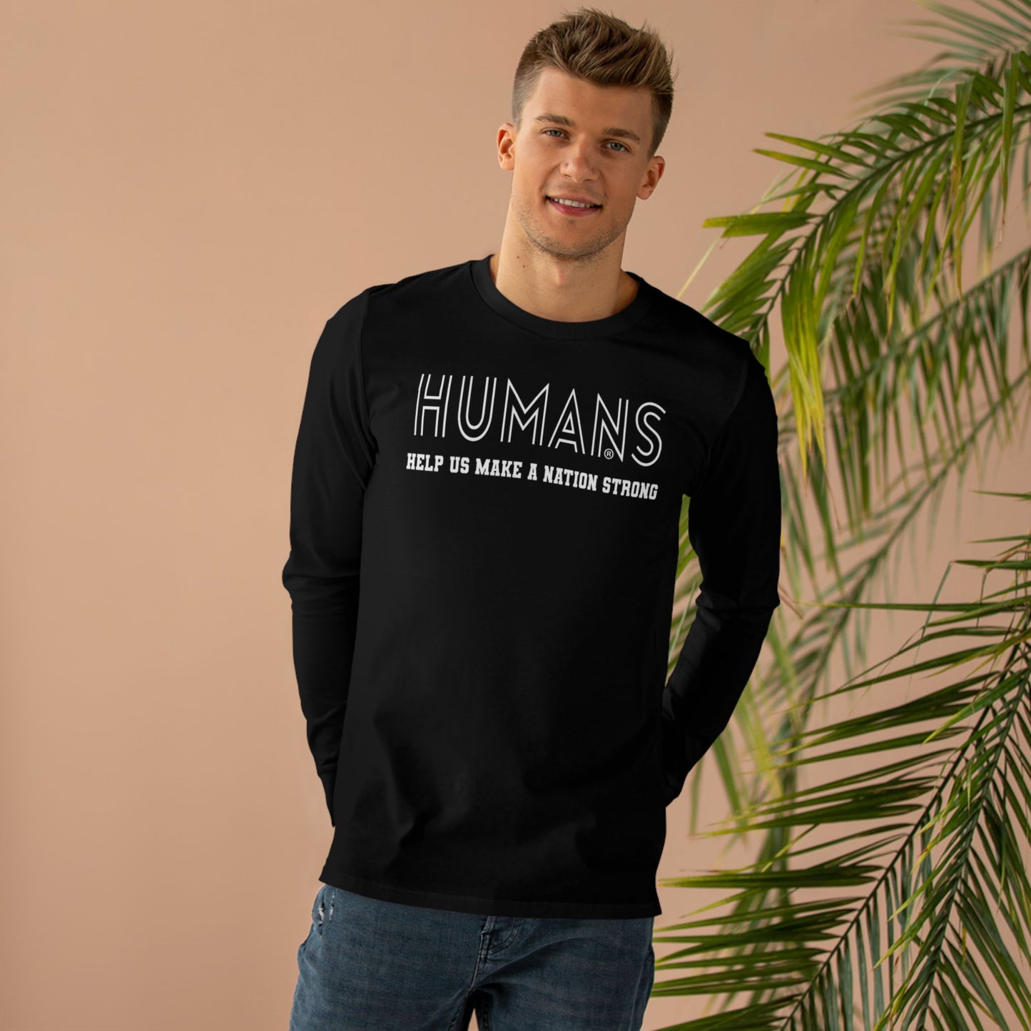 Men’s Base Longsleeve Tee - "HUMANS HELP US MAKE A NATION STRONG" - Inspirational Gift, Casual Wear, Activism Apparel, Everyday [...]
