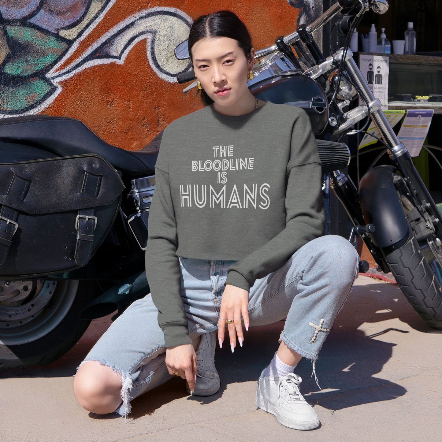 HUMANS APPAREL - Women's Cropped Sweatshirt - "The Bloodline is Humans" Statement Top, Trendy Athleisure, Gift for Her, Casual Fashion, Birthday Gift.